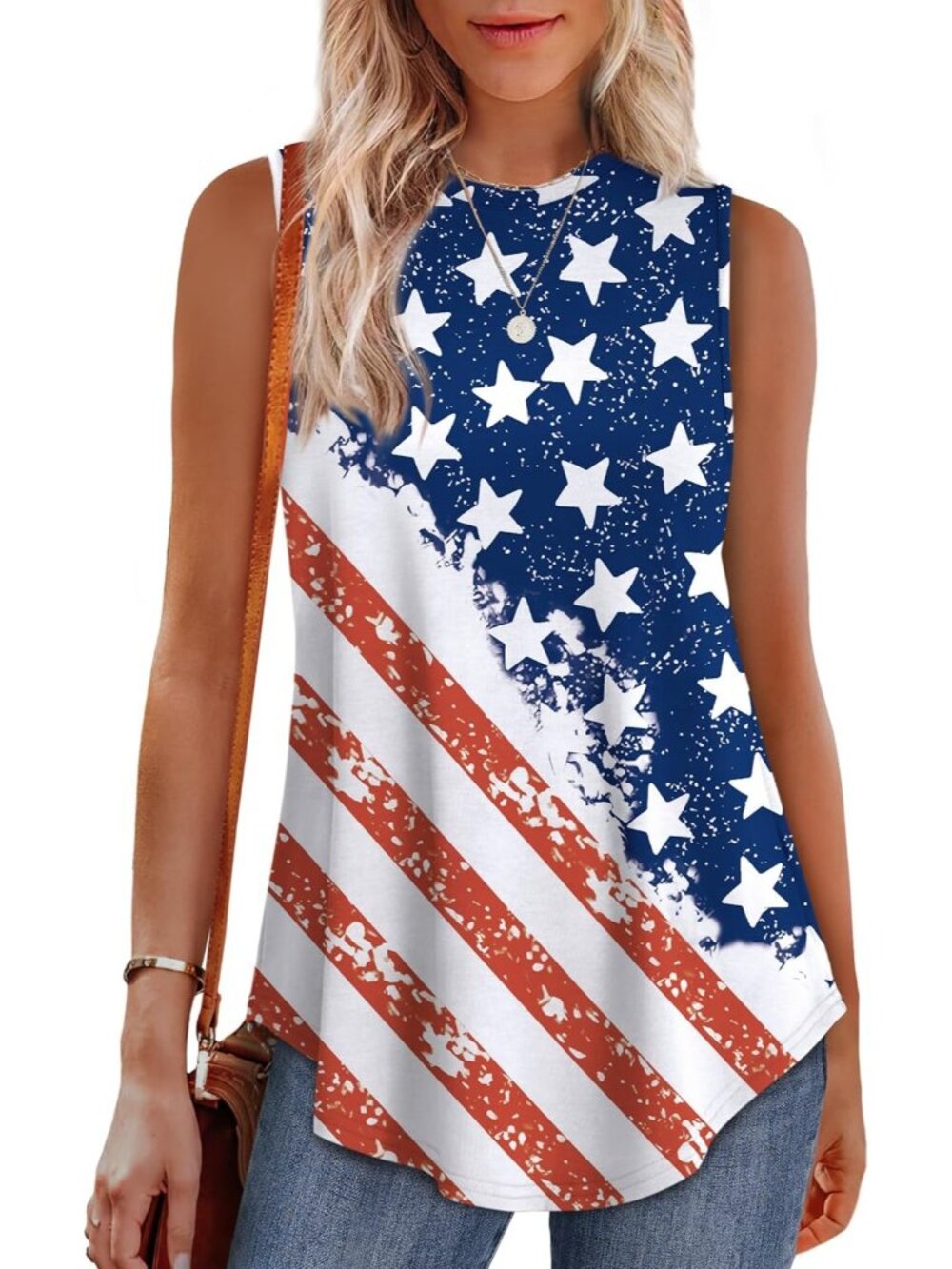 Women's A Flag High Neck Tank Loose Fit Sleeveless Casual Wear Summer Tunic Tops